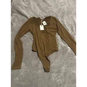 Women's GOOD AMERICAN Brown U Ring Long Sleeve Bodysuit Size 1